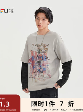 三福2025冬季男士宝相花印花假两件长T恤 宽松圆领上衣510039