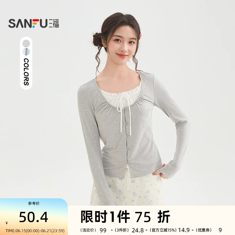 三福长T恤2026春季绑带假两件领口纽扣装饰短款上衣女装517366