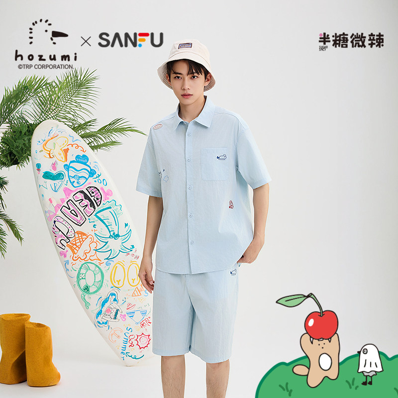 三福2026夏季男士趣味异位刺绣短袖衬衫抽绳短裤套装526646图片