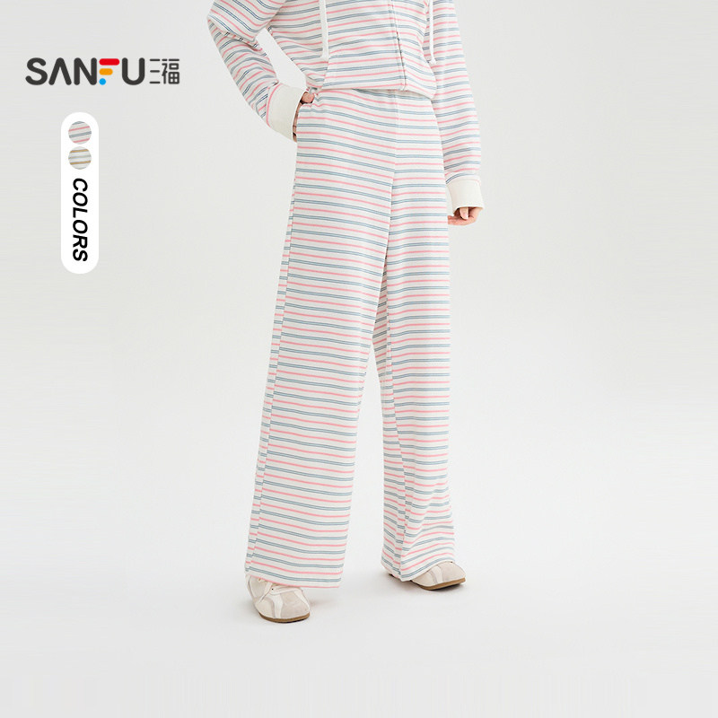 三福休闲裤2026春季抽绳腰彩色条纹宽松阔腿裤子女装519090,女装/女士精品,休闲裤,淘宝优惠券,粉丝福利购,淘宝优惠卷