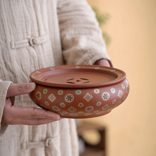 朱泥茶盘宝相纹传统家用陶瓷蓄水壶承轻奢干泡盘茶台壶承可储水