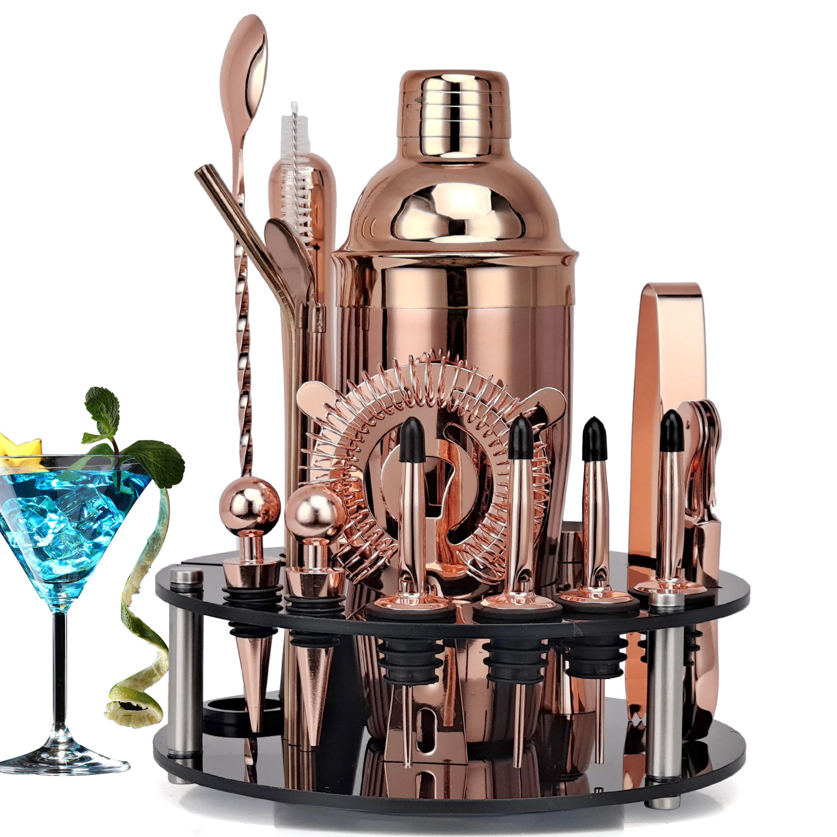 新品20件套玫瑰金枪黑金色鸡尾酒调酒器套装亚克力旋转盘酒吧工具