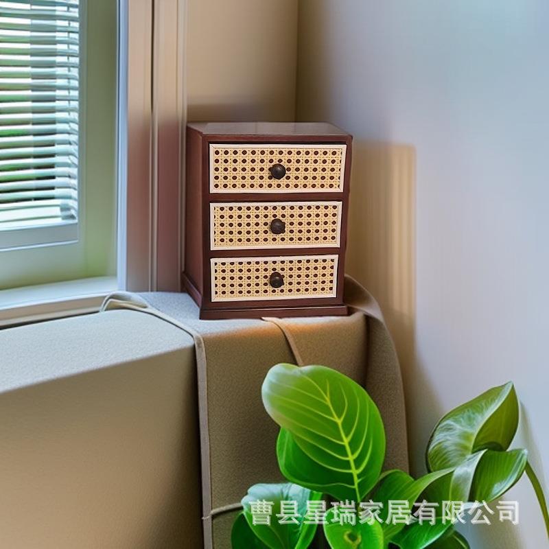 复古多层收纳柜实木桌面藤编迷你收纳盒收纳创意首饰抽屉式置物架