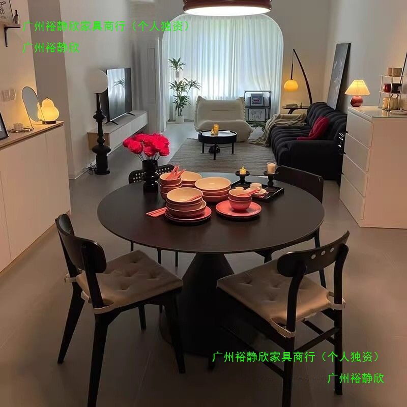 法式洽谈桌岩板圆形餐桌纯白色现代简约圆桌小户型家用饭桌椅组合