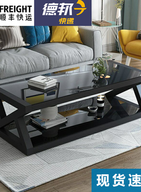 9C现代简易黑色钢化玻璃茶几桌子电视柜组合简约客厅欧式小户