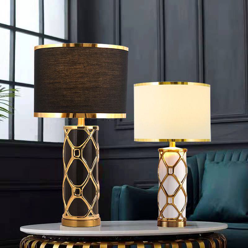 台灯美式现代简约床头灯卧室客厅装饰陶瓷家用格子氛围落地灯台灯