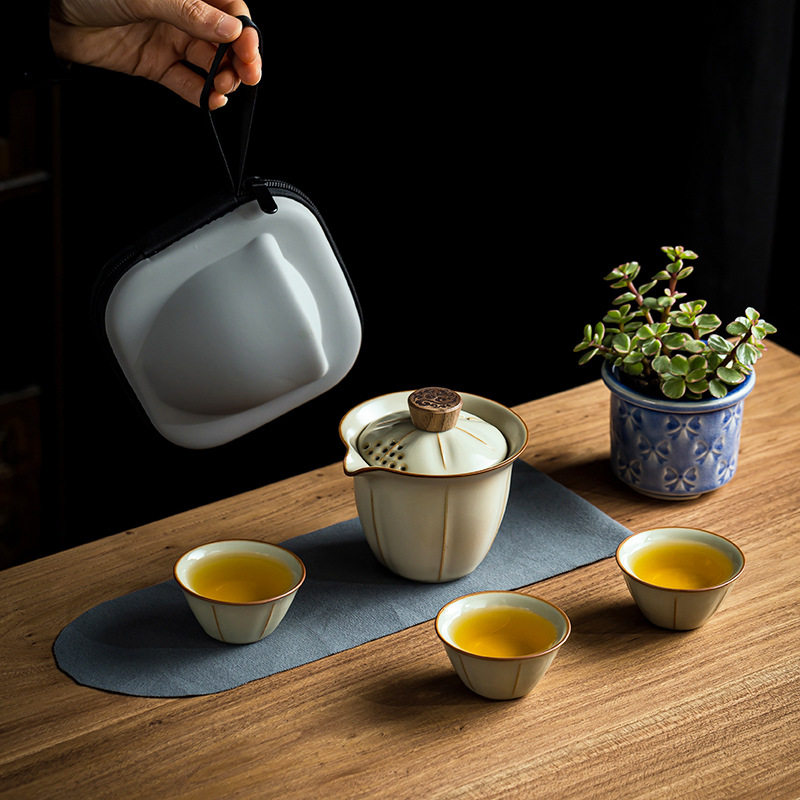 汝窑旅行茶具套装快客杯一壶二杯陶瓷户外喝茶装备便携茶具收纳包
