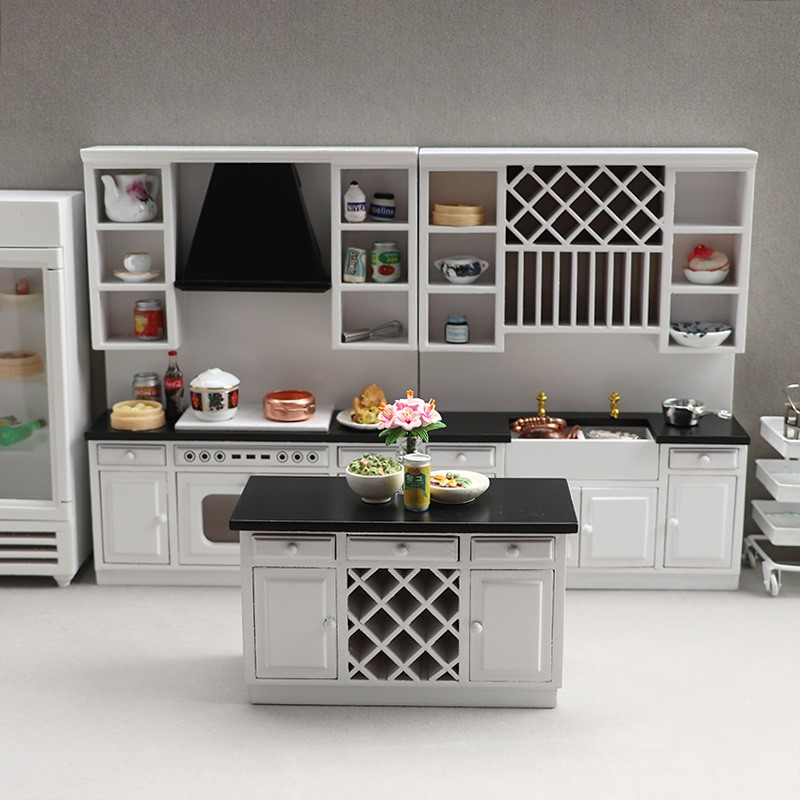 1:12迷你娃娃屋家具厨房套装3件套大厨房微缩模型木质厨房