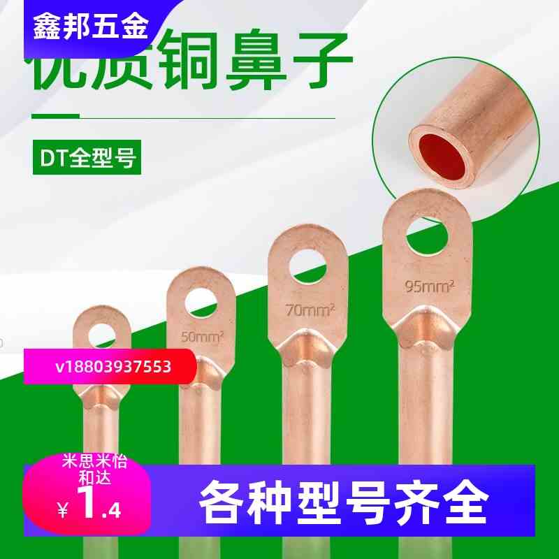 DT铜鼻子接线端子紫铜纯铜线鼻耳接头25/50/70/90平方16镀锡堵油