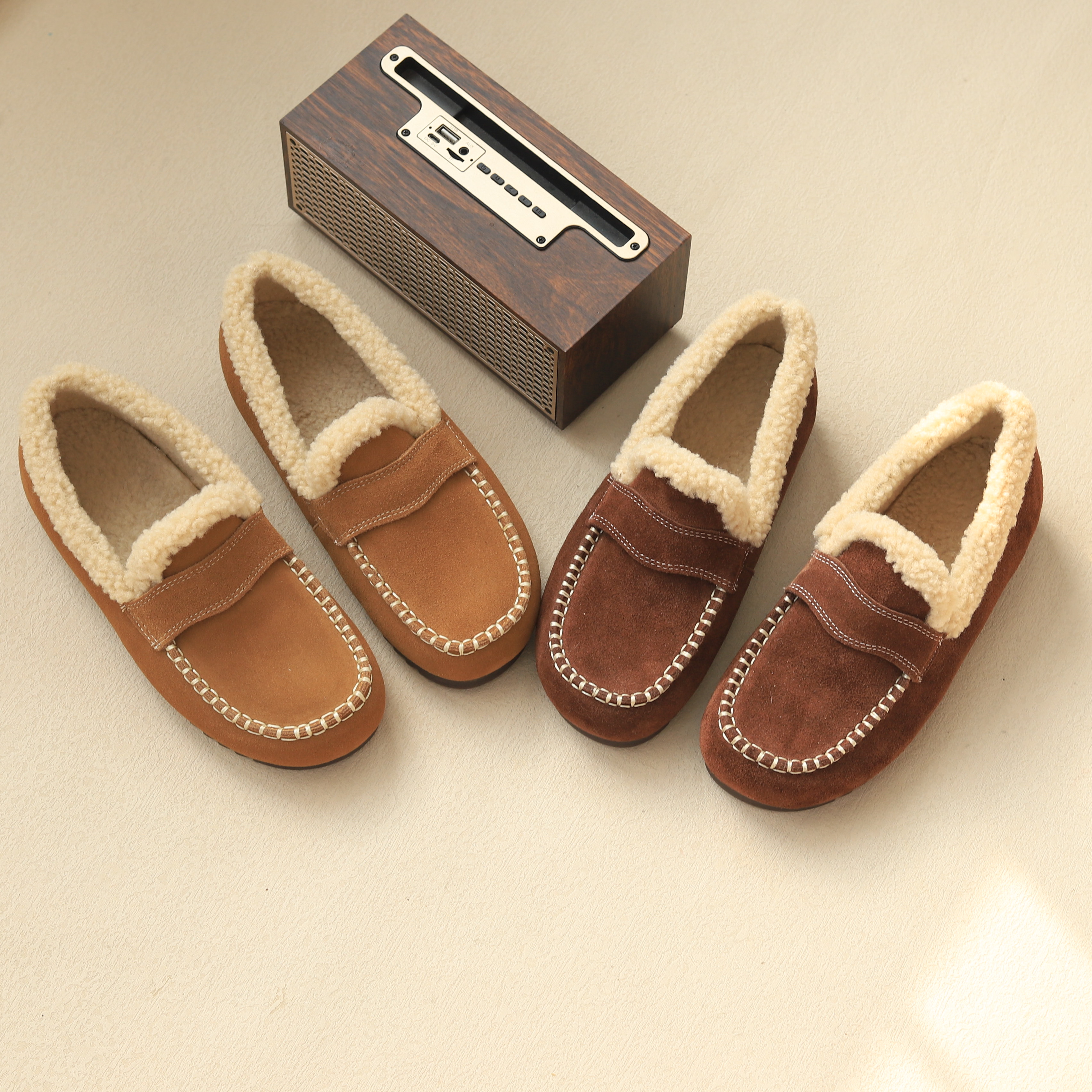 真皮加厚加绒羊羔毛单鞋