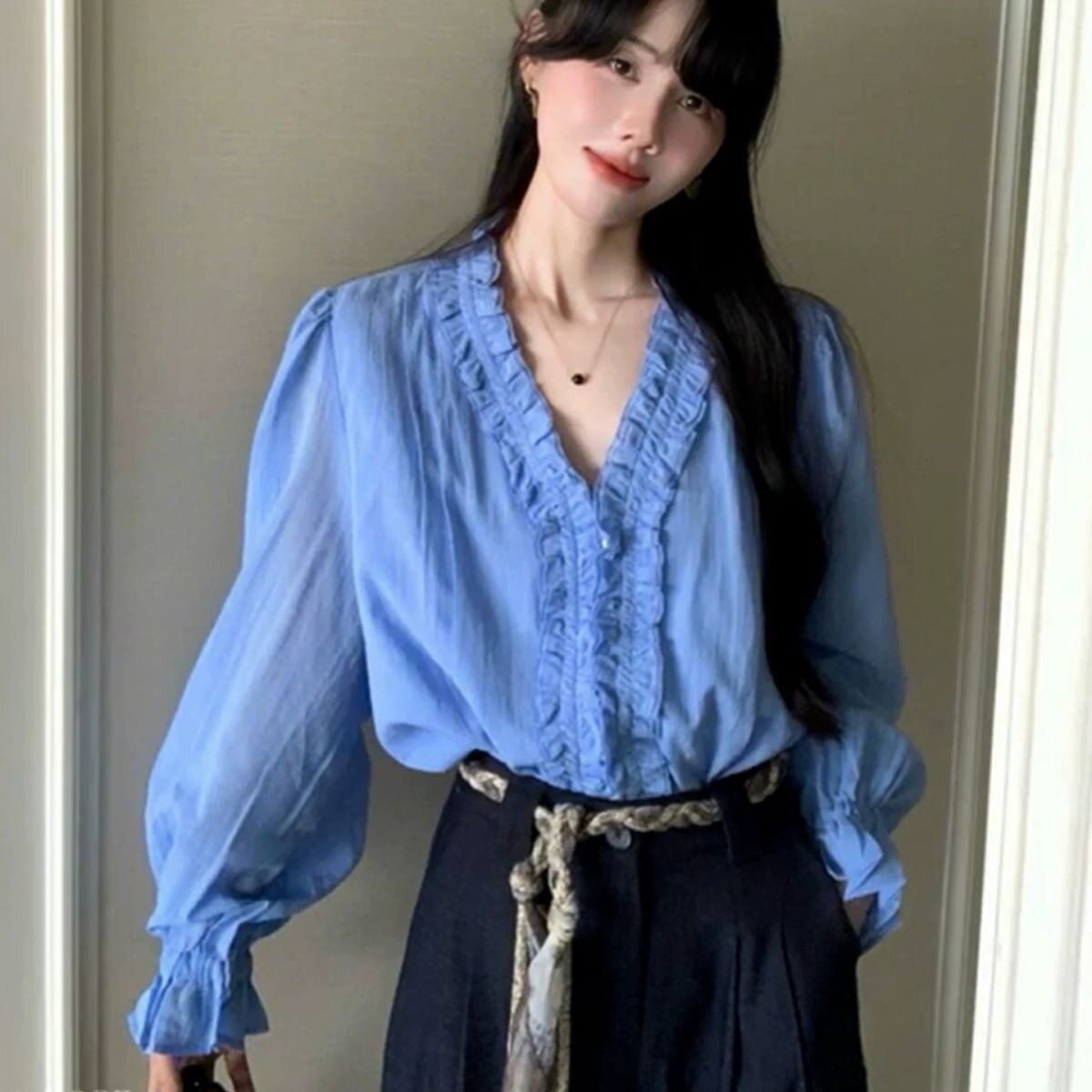 法式小资蓝色木耳边长袖衬衫女秋衬衫