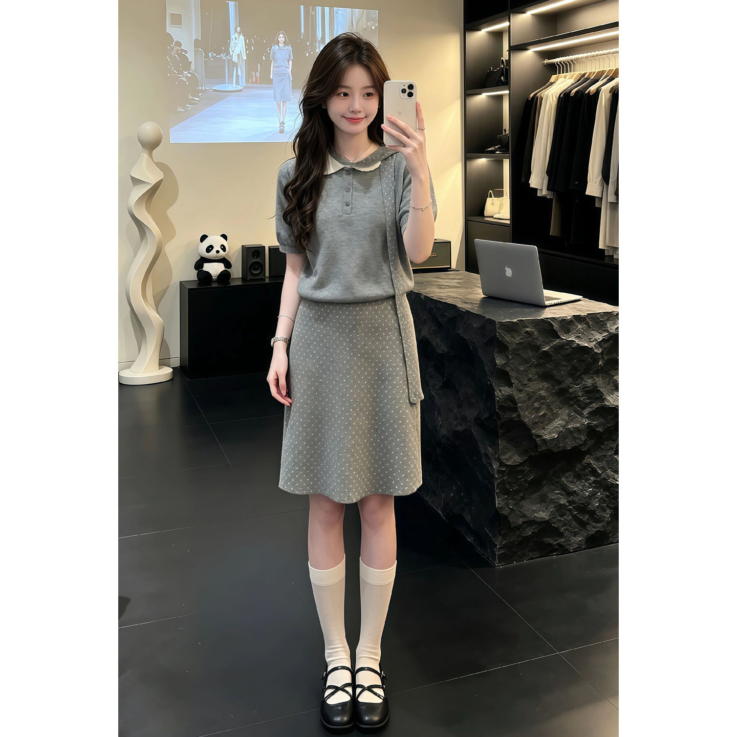 韩系巨好看灰色上衣半身裙子女夏时尚套装