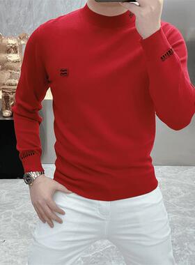 红色男士毛衣2025秋冬新款欧货时尚字母修身帅气圆领百搭针织衫潮