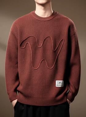 高端重磅日系提花圆领毛衣男冬季新款宽松大码休闲内搭红色针织衫