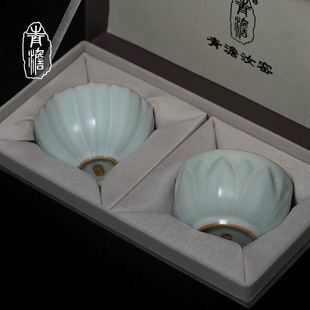 青澹汝窑菊瓣溪客对杯天青主人杯开片可养茶大号专用品茗碗盏送礼