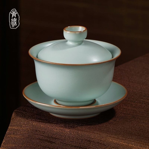 青澹随缘盖碗景德镇手工汝瓷泡茶碗青瓷中式手工陶瓷高端茶具礼盒