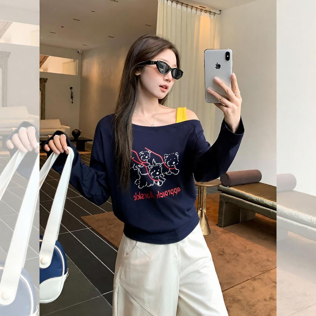 藏青色斜肩印花撞色露肩打底衫