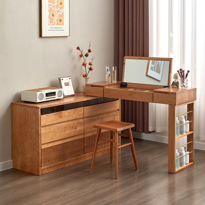 北欧实木樱桃木梳妆台斗柜一体现代简约可旋转书桌卧室床尾收纳柜