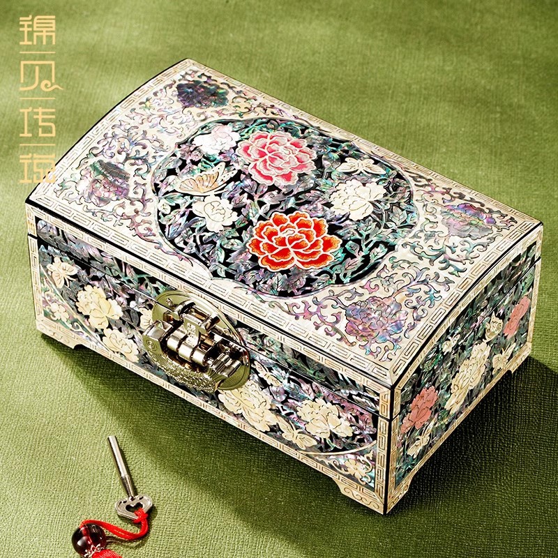 螺钿漆器首饰盒高档木质收纳盒结婚订婚礼物三金五金珠宝盒锦贝