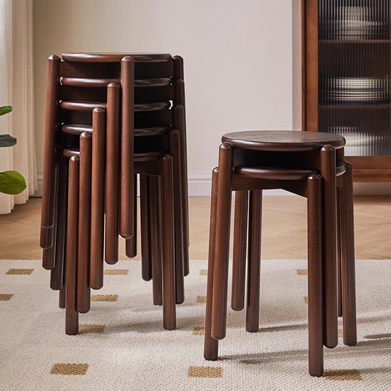 三梦实木凳子家用圆凳结实可叠放餐厅备用中式餐桌小板凳木头椅子