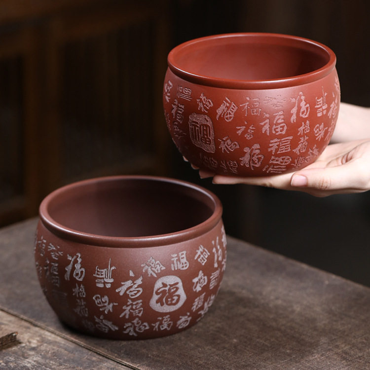 宜兴紫砂【高档精品百福水洗水盂】茶渣桶原矿手工茶具茶周边配件