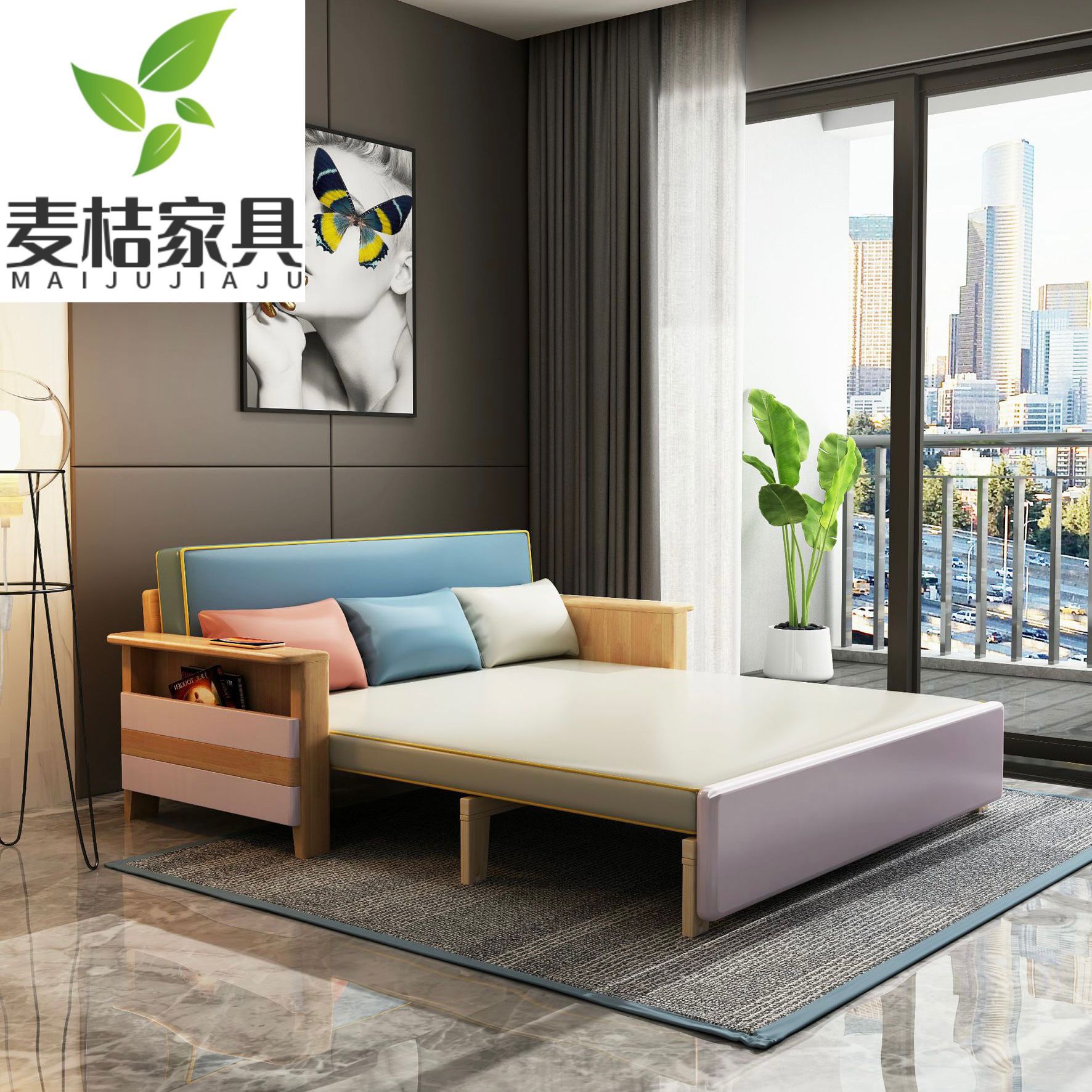 2米实木北欧折叠伸缩沙发床