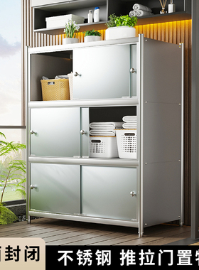 厨房不锈钢置物架带柜门多层收纳架仓库储藏室阳台置物柜有门家用
