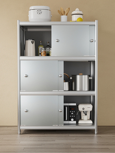 不锈钢置物架带门柜门厨房落地微波炉架子家用收纳橱柜带背板多层