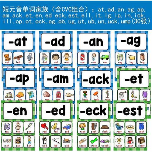 phoncs自然拼读元音辅音词根单词家族CVC卡片幼儿英语教师教具