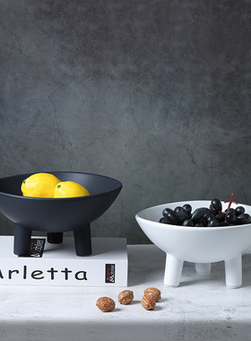 2025新款北欧极简黑白陶瓷三脚果盘托盘家居装饰现代样板间