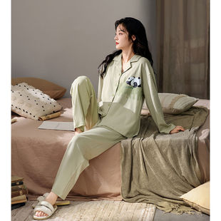 梦心声【超柔软】春秋季纯棉睡衣女长袖熊猫印花可外穿家居服套装