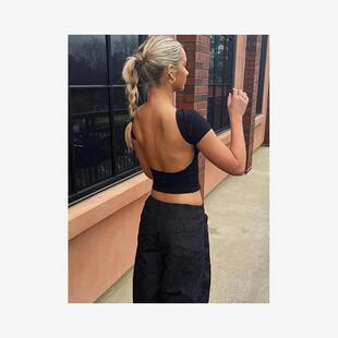 2024Women Backless T-shirt Crop Top Summer Cute Baby Tee Y2K