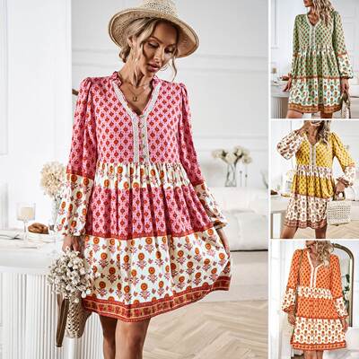 人棉连衣裙女裙 Women Autumn V-neck Bohemian Pink Short Dress