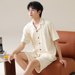 薄款 短袖 宽松大码 夏季 家居服 套装 天2025新款 开衫 纯棉睡衣男士 短裤