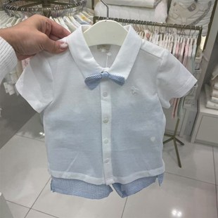 25夏新款 帅气套装 男童宝白色领结短袖 蓝色条纹短裤 衬衣 韩国童装