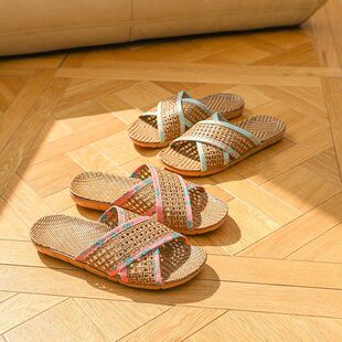 夏天女室内藤草编织拖鞋地板居家C用防滑情侣亚麻草席竹凉拖男夏