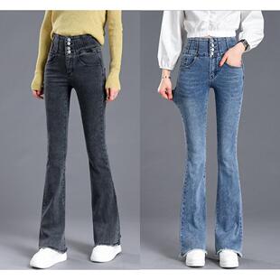 熟女上班办公室苗条妩媚牛仔民族风灰色毛边微喇叭长裤韩版显瘦轻