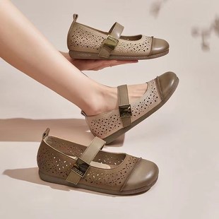 夏季 软底妈妈鞋 镂空洞洞中老年人皮鞋 女舒适防滑单鞋 浅口 包头凉鞋