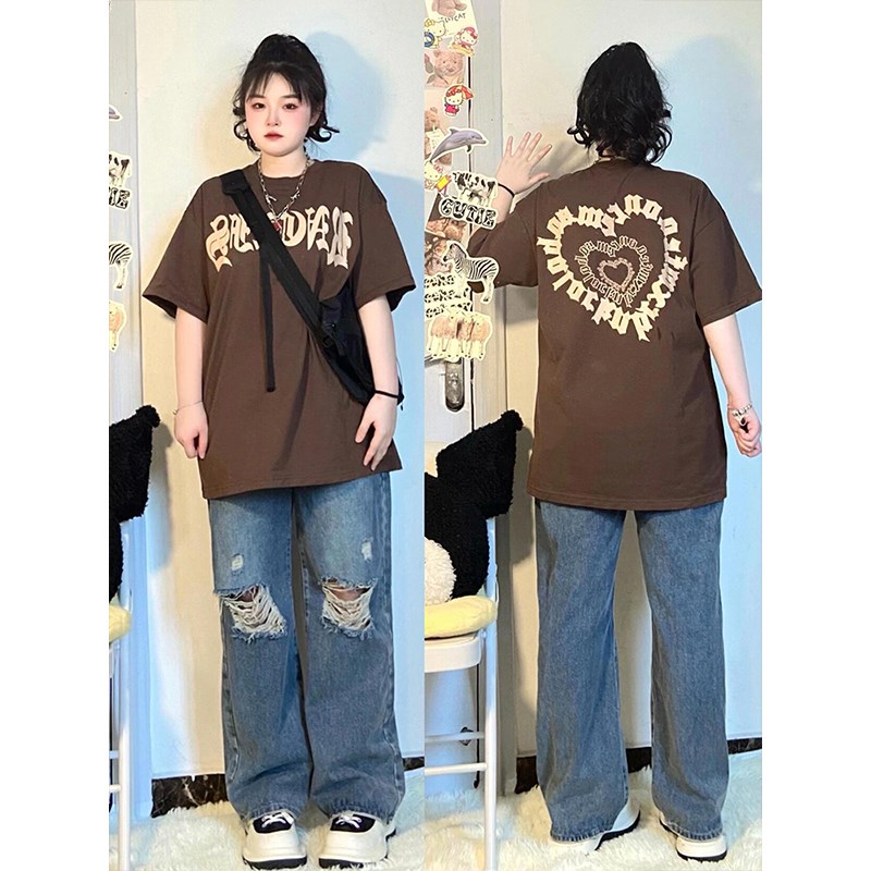300斤大码胖mm美式复古破洞大码裤装