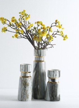 灰色大理石纹陶瓷花瓶手工贴y纸直筒花器样板间现代简约软装饰品