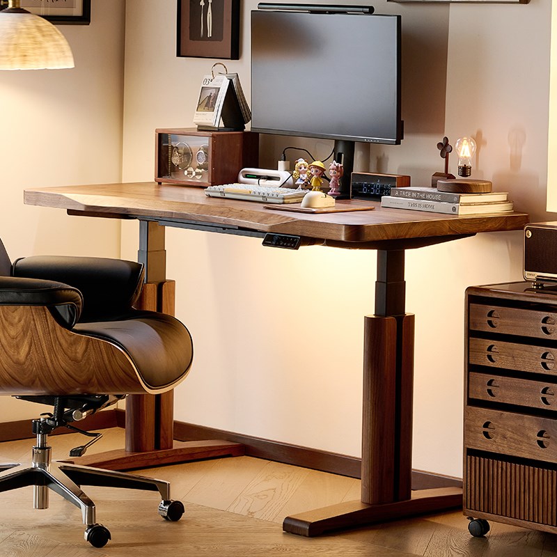 北美黑胡桃木电动升降桌家用办公桌电脑桌实木大板书X桌工作台吧