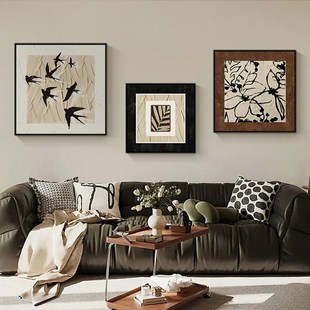 现代中古餐厅装饰画艺术感饭厅挂画原木风美拉德组合复古客厅壁画