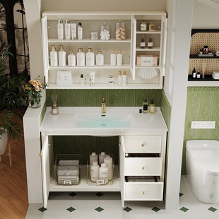 橡木烤漆浴室柜落地式洗漱台陶瓷一体盆法式复古风洗脸盆柜组合