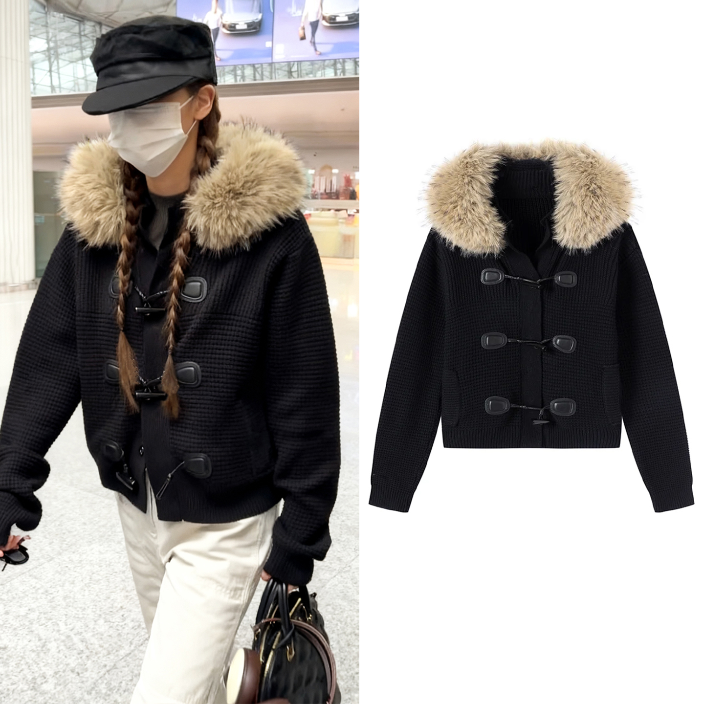 现货/大毛领连帽针织毛衣外套女