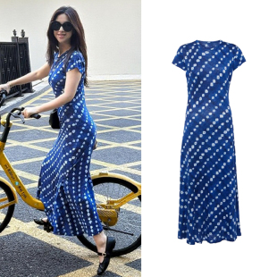 朱珠同款 波点印花连衣裙女夏设计感度假风收腰气质长裙子 蓝色法式