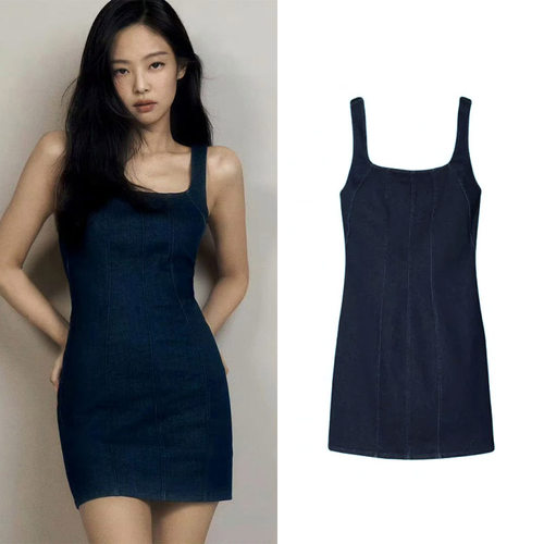 jennie同款吊带背心牛仔连衣裙女