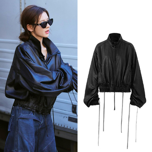 巴黎合伙人张予曦同款黑色短款皮衣外套女秋冬设计感抽绳夹克上衣