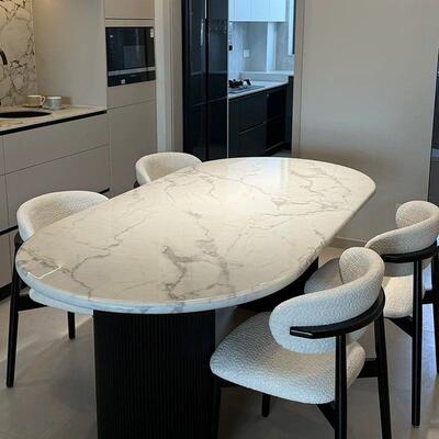 法式大理石餐桌奶油风全托底板大理石餐桌复古椭圆形饭桌餐桌家用