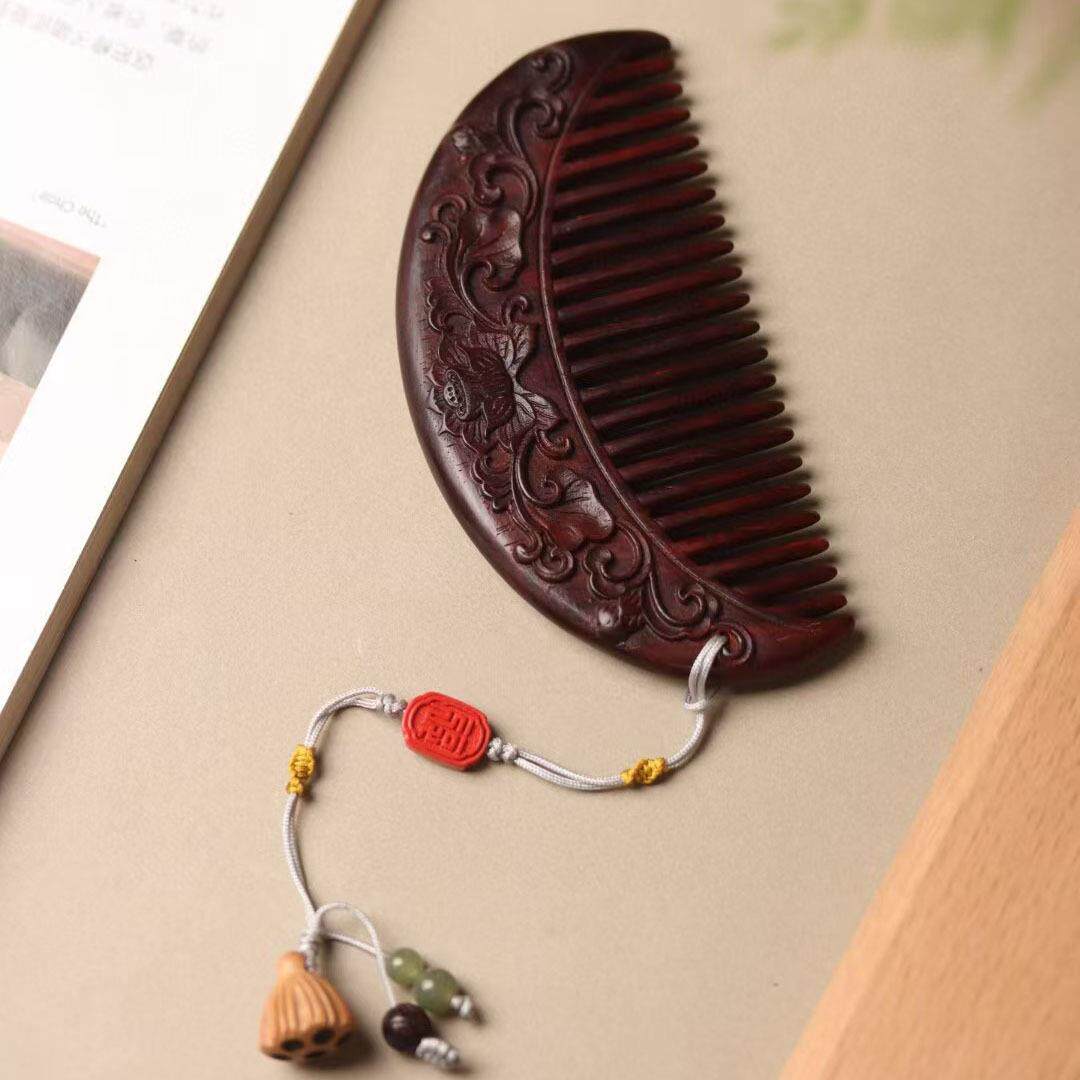 印度小叶紫檀雕刻荷花梅花梳子休闲古风创意木质文玩梳子