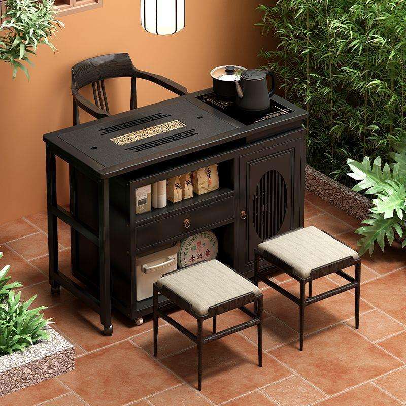 可旋转茶桌小茶车柜胡桃色边几可移动泡茶台阳台家用桌椅组合茶几